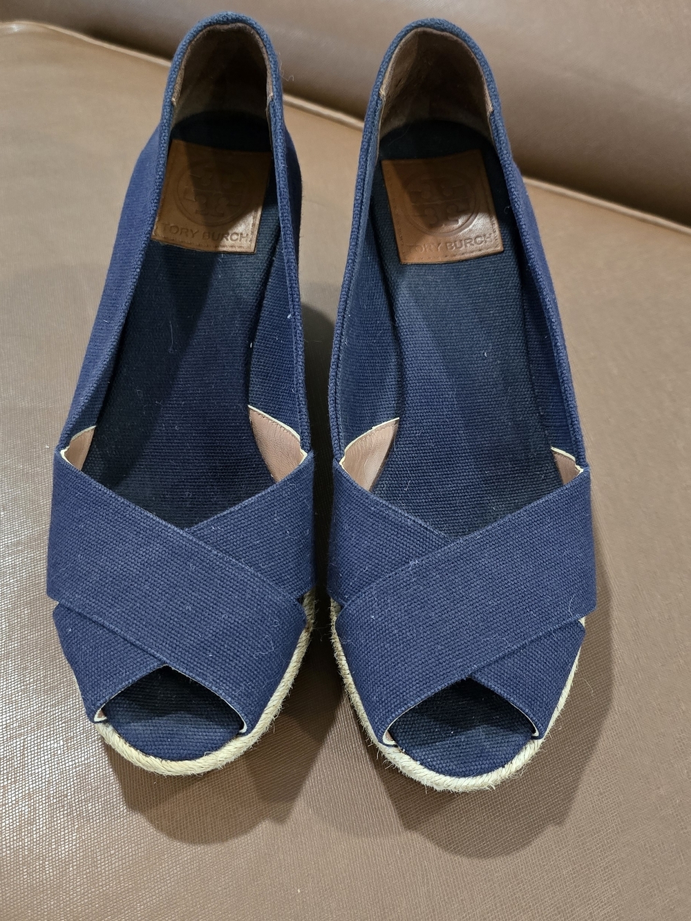 Tory Burch Navy Canvas Cross‑Front Espadrille Wedges